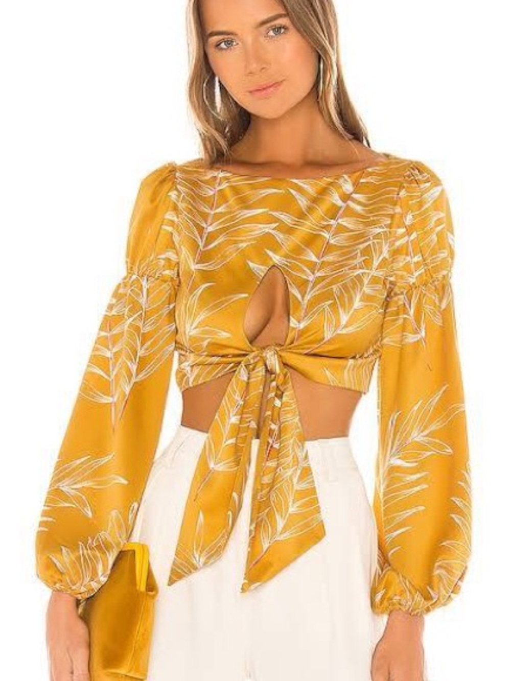 Camila Coelho Mustard Yellow Leaf-Print Tie-Front Crop Top